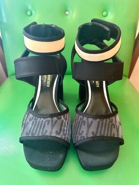 Juicy Couture Black Heeled Sandals with Beige Ankle Accent